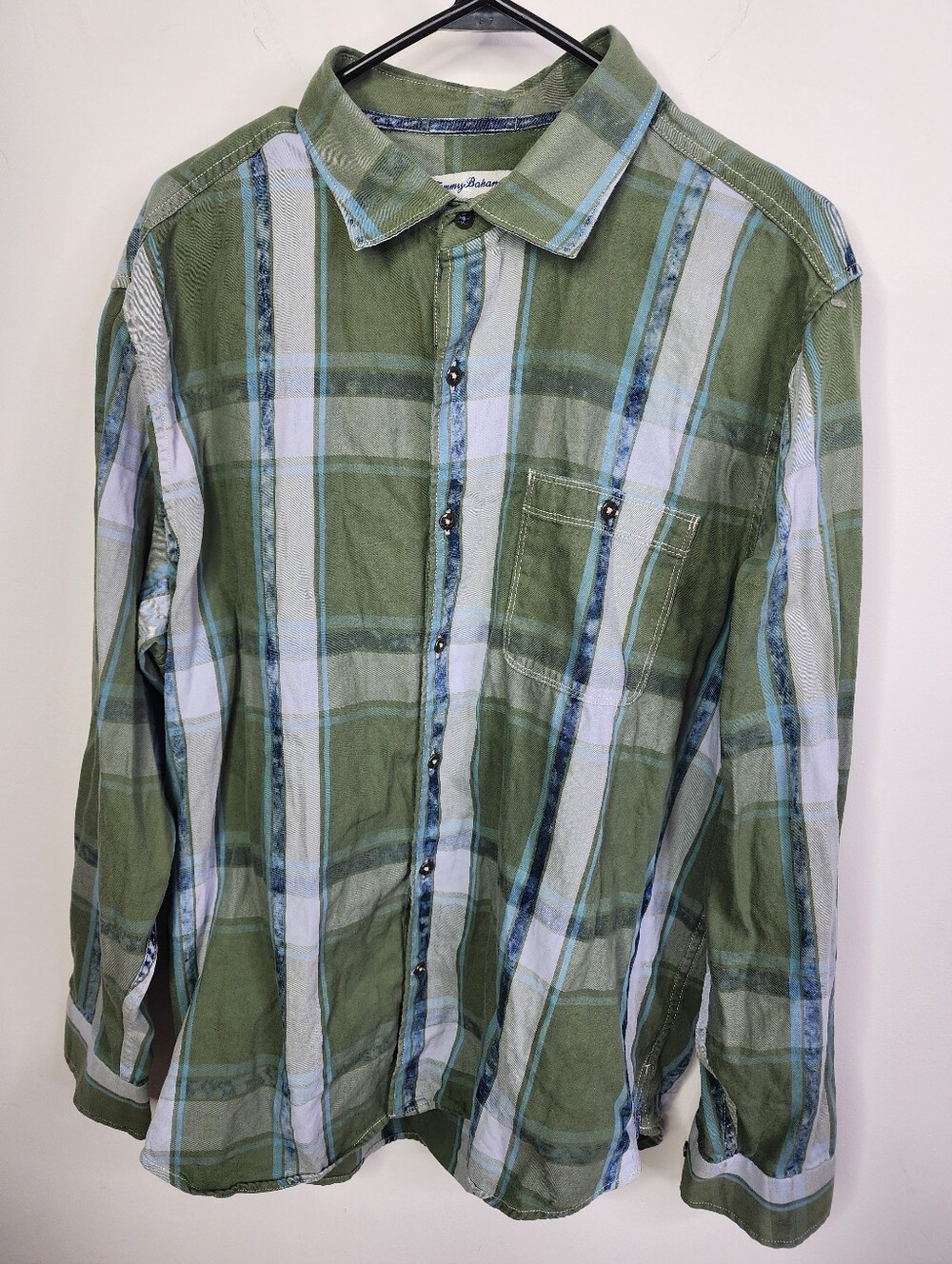 Tommy Bahama Button Down Men's Large Green Blue Plaid Short Sleeve Cotton